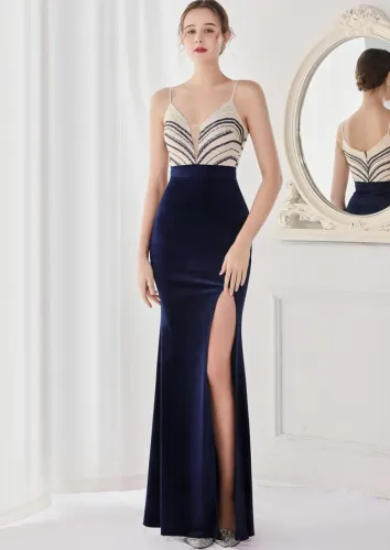 Spring Sequins Patch Dark Blue V Neck Straps Slit Formal Cocktail Evening Dress