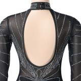 Winter Sexy Black Beaded Midi Neck Keyhole Long Sleeve Bodycon Club Dress