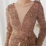 Winter Elegant Golden Sequins Mesh Patch Long Sleeve Slit Mermaid Formal Cocktail Evening Dress