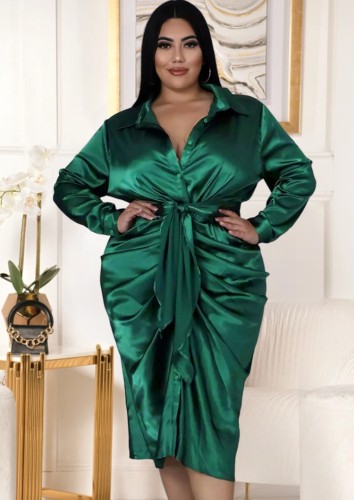 Весна плюс размер зеленое платье-блузка с отложным воротником и рюшами на пуговицах на пуговицах