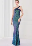 Spring Elegant Bling Bling Green Sequins One Shoulder Sleeveless Mermaid Formal Cocktail Evening Dress