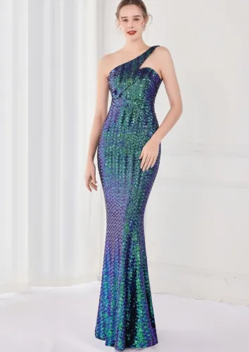Spring Elegant Bling Bling Green Sequins One Shoulder Sleeveless Mermaid Formal Cocktail Evening Dress