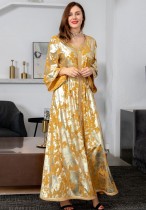 Primavera Dorado Impreso Amarillo Con cuello en V Largo Oriente Medio Dubai Vestidos musulmanes