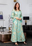 Spring Golden Printed Green V-neck Long Middle East Dubai Muslim Dresses