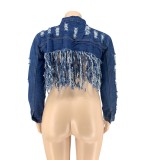 Spring Plus Size Dark Blue Turndown Collar Button Up Long SLeeve Fringe Tassels Denim Jacket