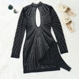 Winter Sexy Black Beaded Midi Neck Keyhole Long Sleeve Bodycon Club Dress