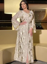Primavera Dorado Impreso Blanco Con cuello en V Largo Oriente Medio Dubai Vestidos musulmanes