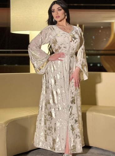 Spring Golden Printed White V-neck Long Middle East Dubai Muslim Dresses