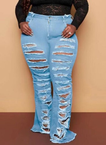 Весенние голубые джинсы с высокой талией и рваными дырочками больших размеров
