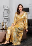 Spring Golden Printed Yellow V-neck Long Middle East Dubai Muslim Dresses