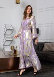 Spring Golden Printed Purple V-neck Long Middle East Dubai Muslim Dresses