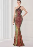 Spring Elegant Bling Bling Blue Sequins One Shoulder Sleeveless Mermaid Formal Cocktail Evening Dress