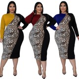 Spring Plus Size Yellow Patch Leopard Round Neck Long Sleeve Midi Dress
