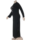 Winter Plus Size Black Printed Round Neck Long Sleeve Loose Long Dress