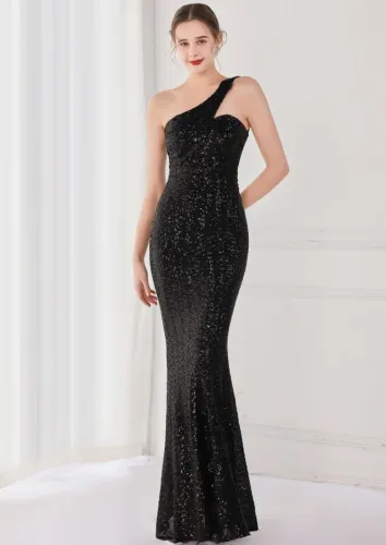 Spring Elegant Bling Bling Black Sequins One Shoulder Sleeveless Mermaid Formal Cocktail Evening Dress