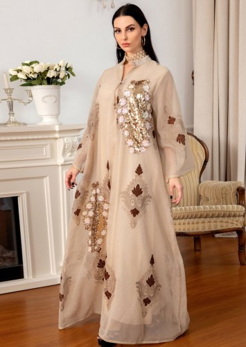 Spring Sequins Embroidered Apricot V-neck Long Sleeve Maxi Dress Middle East Dubai Muslim Dresses