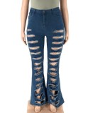 Spring Plus Size Dark Blue Ripped Hole High Waist Jeans