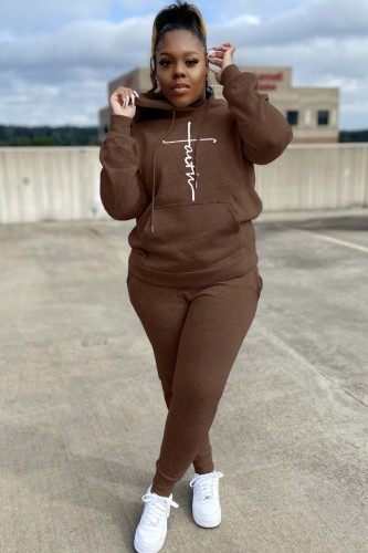 Winter Plus Size Brown Printed Pocket Long Sleeve Hoodies and Sweapants Two Piece Set Wholesale Jogger Suit
