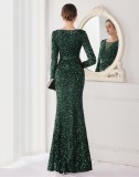 Winter Elegant Green Sequins Mesh Patch Long Sleeve Slit Mermaid Formal Cocktail Evening Dress