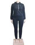 Winter Plus Size Black Printed Pocket Long Sleeve Hoodies and Sweapants Two Piece Set Wholesale Jogger Suit