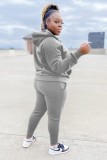 Winter Plus Size Gray Printed Pocket Long Sleeve Hoodies and Sweapants Two Piece Set Wholesale Jogger Suit