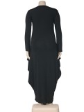 Winter Plus Size Black Printed Round Neck Long Sleeve Loose Long Dress
