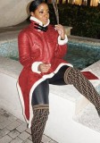 Cappotto irregolare a maniche lunghe con cerniera in pile con toppa in pelle PU rosso nero invernale