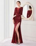 Winter Elegant Red Sequins Mesh Patch Long Sleeve Slit Mermaid Formal Cocktail Evening Dress
