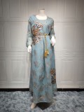 Spring Sequins Embroidered Blue Long Sleeve Maxi Dress Middle East Dubai Muslim Dresses