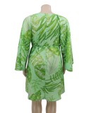 Summer Plus Size Green Leaf Printed V Neck Slit Sleeve Holiday Casual Dress