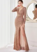 Winter Elegant Golden Sequins Mesh Patch Long Sleeve Slit Mermaid Formal Cocktail Evening Dress