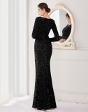 Winter Elegant Black Sequins Mesh Patch Long Sleeve Slit Mermaid Formal Cocktail Evening Dress