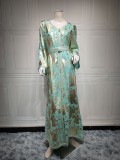 Spring Golden Printed Green V-neck Long Middle East Dubai Muslim Dresses
