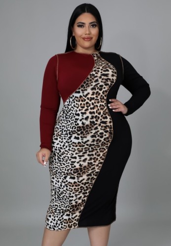 Spring Plus Size Wine Red Patch Leopard Round Neck Long Sleeve Midi Dress