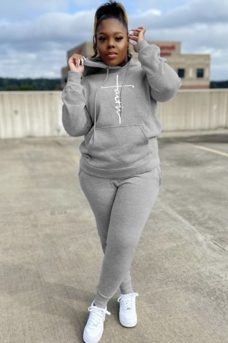 Winter Plus Size Gray Printed Pocket Long Sleeve Hoodies and Sweapants Two Piece Set Wholesale Jogger Suit