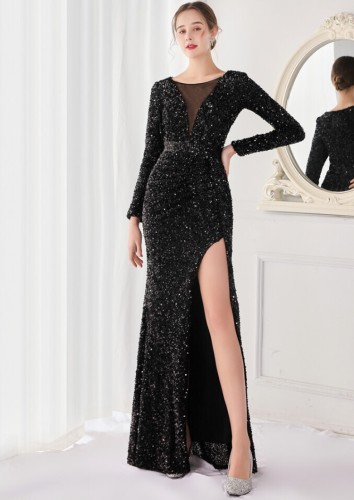 Vestido de noite formal elegante de lantejoulas pretas com malha de manga comprida fenda sereia
