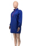 Spring Casaul Blue Turndown Collar Zipper Up Long Sleeve Loose Shirt Dress