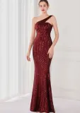 Spring Elegant Bling Bling Red Sequins One Shoulder Sleeveless Mermaid Formal Cocktail Evening Dress
