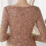 Winter Elegant Golden Sequins Mesh Patch Long Sleeve Slit Mermaid Formal Cocktail Evening Dress