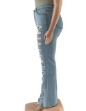 Spring Plus Size Light Blue Ripped Hole High Waist Jeans