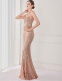 Spring Elegant Bling Bling Golden Sequins One Shoulder Sleeveless Mermaid Formal Cocktail Evening Dress