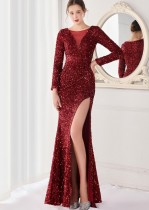 Winter Elegant Red Sequins Mesh Patch Long Sleeve Slit Mermaid Formal Cocktail Evening Dress