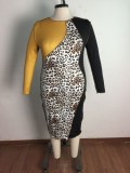 Spring Plus Size Yellow Patch Leopard Round Neck Long Sleeve Midi Dress