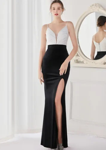 Spring White Sequins Patch Black V Neck Straps Slit Formal Cocktail Evening Dress
