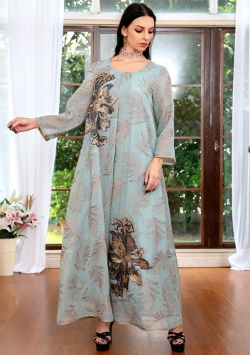 Spring Sequins Embroidered Blue Long Sleeve Maxi Dress Middle East Dubai Muslim Dresses