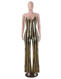 Spring Sexy Golden and Black Stripes Sweatheart Strapless Loose Jumpsuit