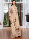 Spring Sequins Embroidered Apricot V-neck Long Sleeve Maxi Dress Middle East Dubai Muslim Dresses