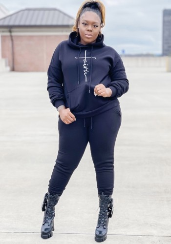Winter Plus Size Dark Blue Printed Pocket Long Sleeve Hoodies and Sweapants Two Piece Set Wholesale Jogger Suit