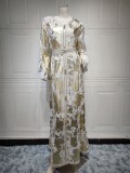 Spring Golden Printed White V-neck Long Middle East Dubai Muslim Dresses