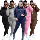 Winter Plus Size Dark Blue Printed Pocket Long Sleeve Hoodies and Sweapants Two Piece Set Wholesale Jogger Suit